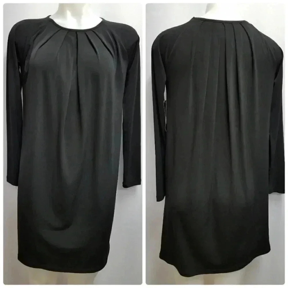 Context Pleated Black Trapeze Shift Dress Oversized Petite Small